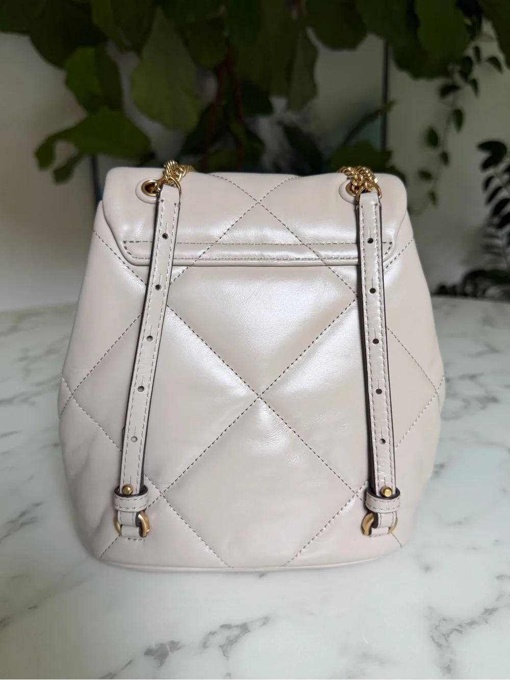 Tory Burch Mini Kira Diamond Quilt Backpack Light Stone Leather